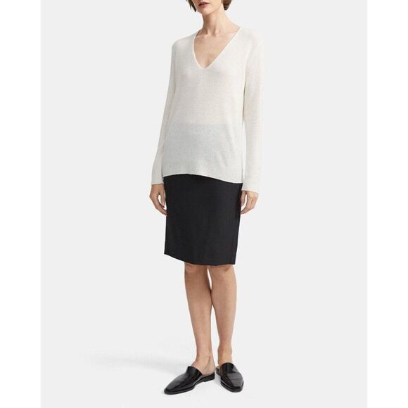 Theory Adrianna 100% Cashmere V Neck Long Sleeve Sweater Womens Large Ivory - Picture 2 of 5